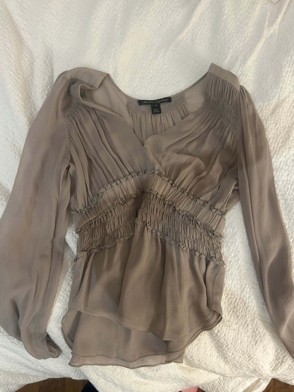 Fairycore Vintage Taupe Smocked Chiffon Blouse